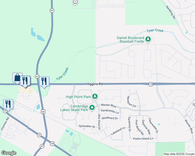 map of restaurants, bars, coffee shops, grocery stores, and more near Higgins Road in Pingree Grove