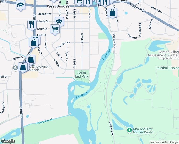 map of restaurants, bars, coffee shops, grocery stores, and more near 783 South 1st Street in West Dundee