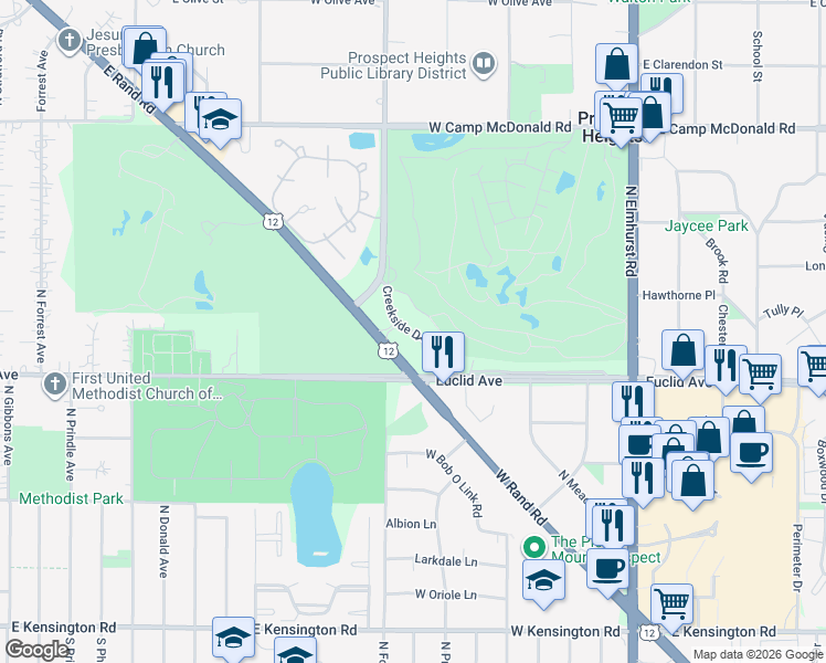 map of restaurants, bars, coffee shops, grocery stores, and more near 730 Creekside Drive in Mount Prospect
