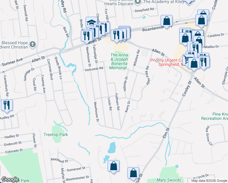 map of restaurants, bars, coffee shops, grocery stores, and more near 40 Feltham Road in Springfield
