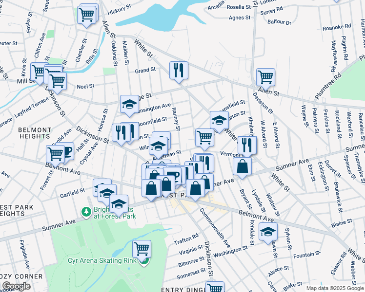 map of restaurants, bars, coffee shops, grocery stores, and more near 104-106 Pasadena Street in Springfield