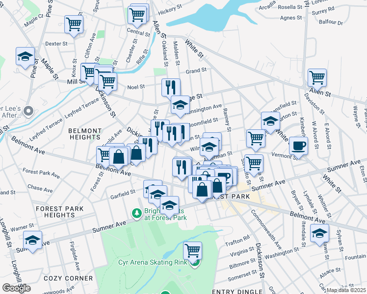 map of restaurants, bars, coffee shops, grocery stores, and more near 58 Johnson Street in Springfield