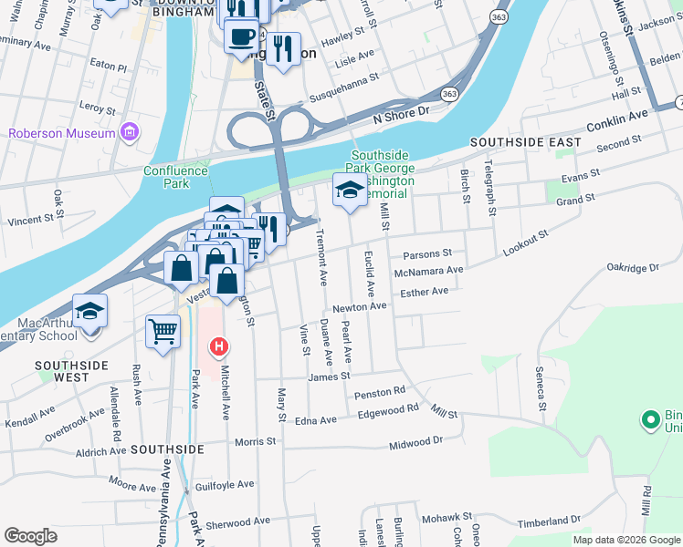 map of restaurants, bars, coffee shops, grocery stores, and more near 1246 Vestal Avenue in Binghamton