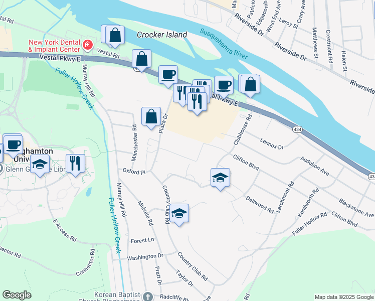 map of restaurants, bars, coffee shops, grocery stores, and more near 483 Plaza Drive in Vestal