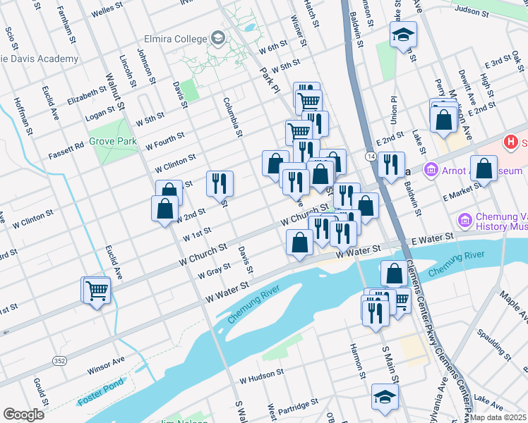 map of restaurants, bars, coffee shops, grocery stores, and more near 320 West 1st Street in Elmira