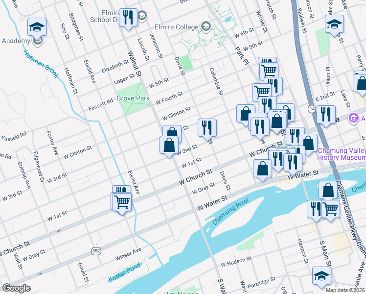 map of restaurants, bars, coffee shops, grocery stores, and more near 459 West 3rd Street in Elmira