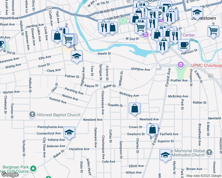 map of restaurants, bars, coffee shops, grocery stores, and more near 16 Chapman Street in Jamestown