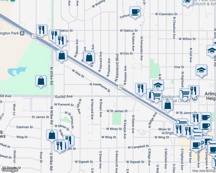map of restaurants, bars, coffee shops, grocery stores, and more near 1020 West Northwest Highway in Arlington Heights