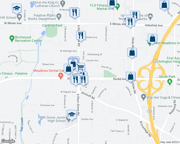 map of restaurants, bars, coffee shops, grocery stores, and more near 4616 Kings Walk Drive in Rolling Meadows