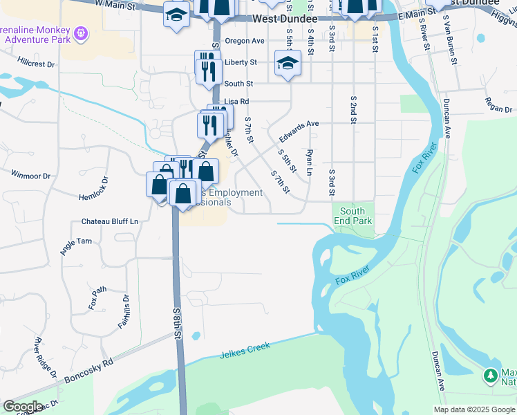 map of restaurants, bars, coffee shops, grocery stores, and more near 649 Eichler Drive in West Dundee
