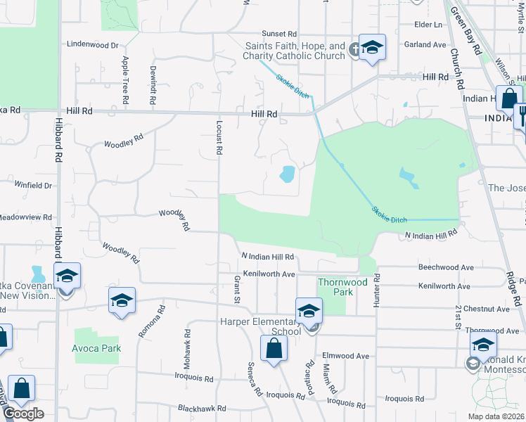 map of restaurants, bars, coffee shops, grocery stores, and more near 42 Indian Hill Rd in Winnetka