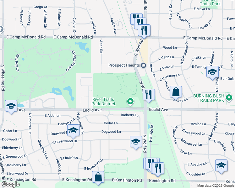 map of restaurants, bars, coffee shops, grocery stores, and more near 1500 East Euclid Avenue in Mount Prospect