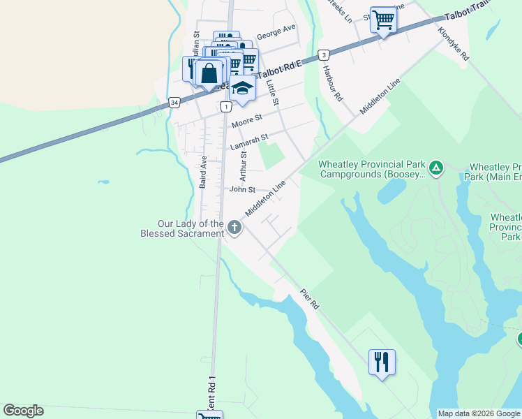 map of restaurants, bars, coffee shops, grocery stores, and more near 68 Middleton Line in Chatham-Kent