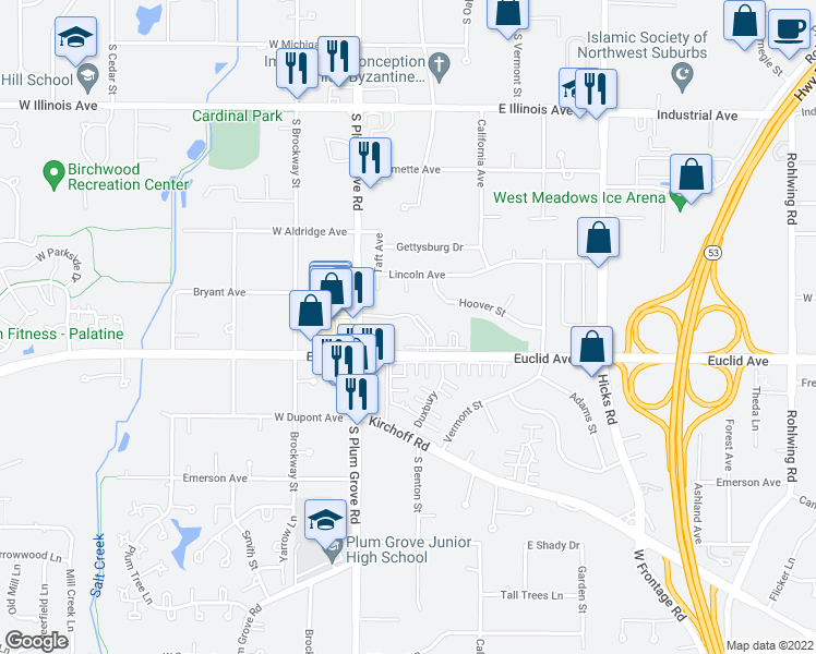 map of restaurants, bars, coffee shops, grocery stores, and more near 4616 Kings Walk Drive in Rolling Meadows