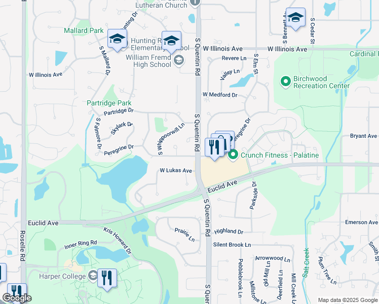 map of restaurants, bars, coffee shops, grocery stores, and more near 807 West Sandpiper Court in Palatine