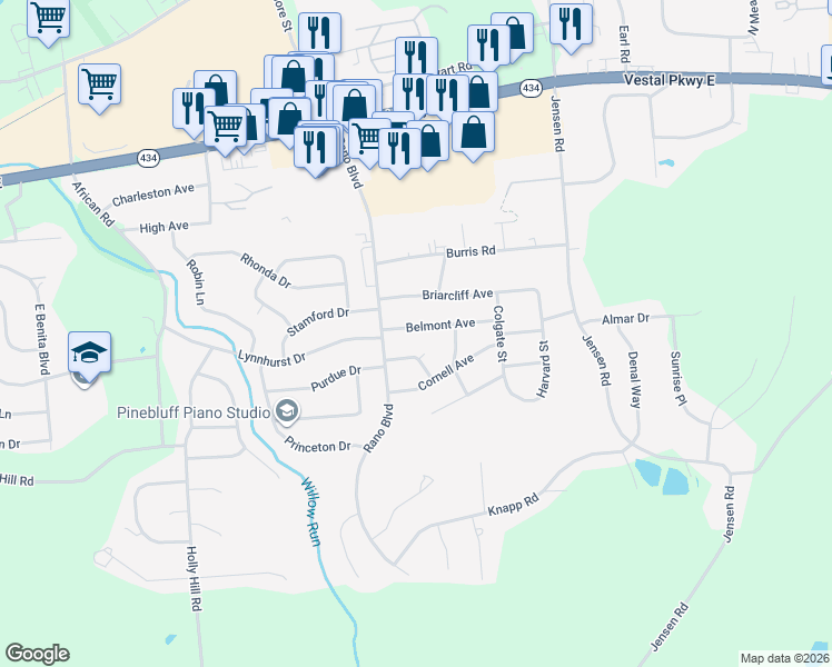 map of restaurants, bars, coffee shops, grocery stores, and more near 3121 Belmont Avenue in Vestal