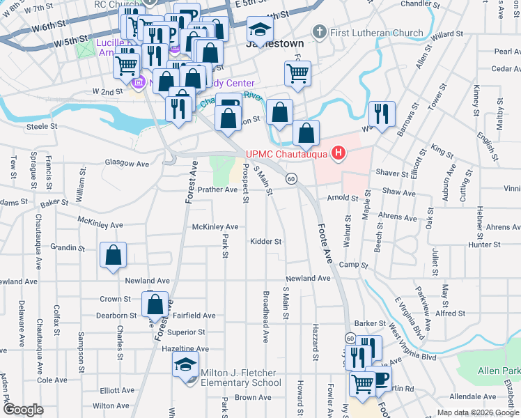 map of restaurants, bars, coffee shops, grocery stores, and more near 230 Prather Avenue in Jamestown