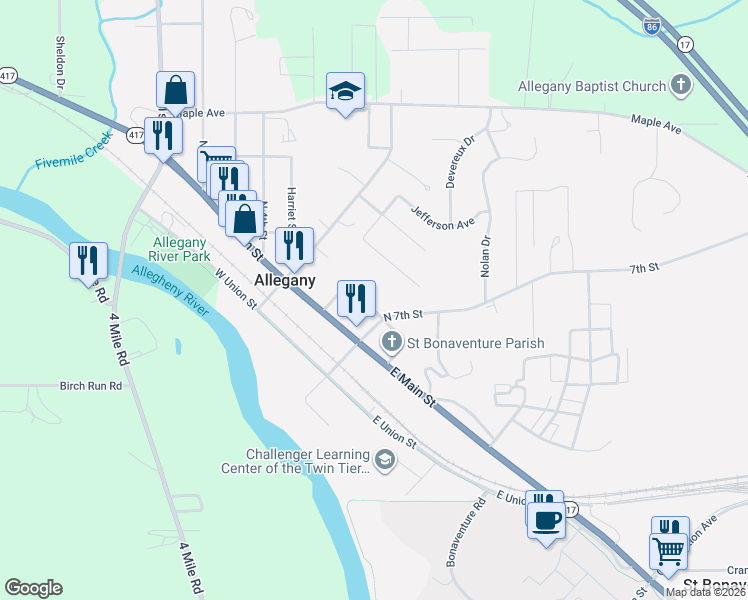map of restaurants, bars, coffee shops, grocery stores, and more near 23 Oak Street in Allegany