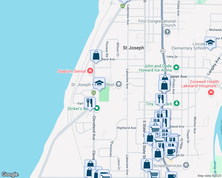 map of restaurants, bars, coffee shops, grocery stores, and more near 2521 Stadium Drive in St. Joseph