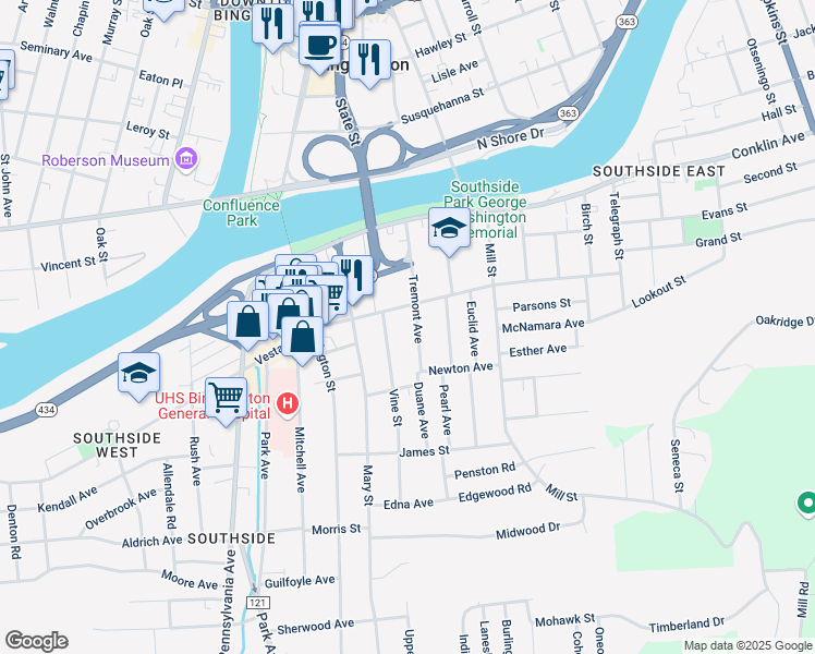 map of restaurants, bars, coffee shops, grocery stores, and more near 1235 Vestal Avenue in Binghamton