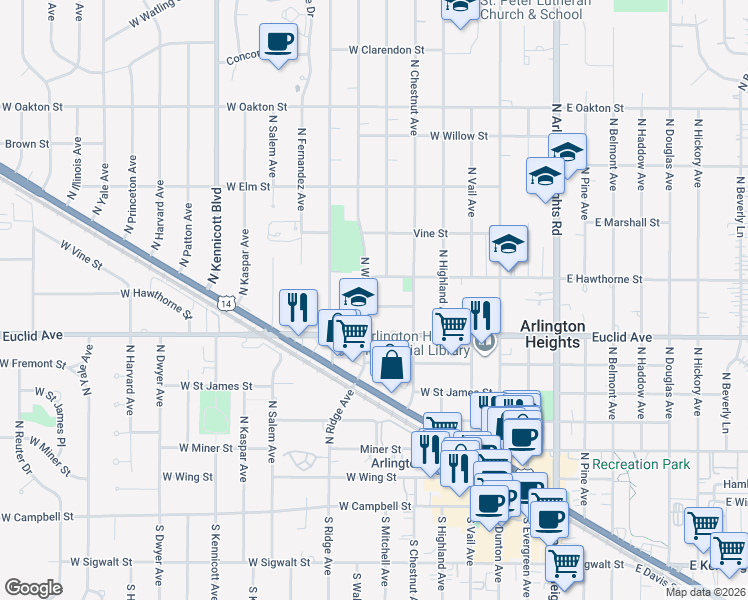 map of restaurants, bars, coffee shops, grocery stores, and more near 421 West Hawthorne Street in Arlington Heights