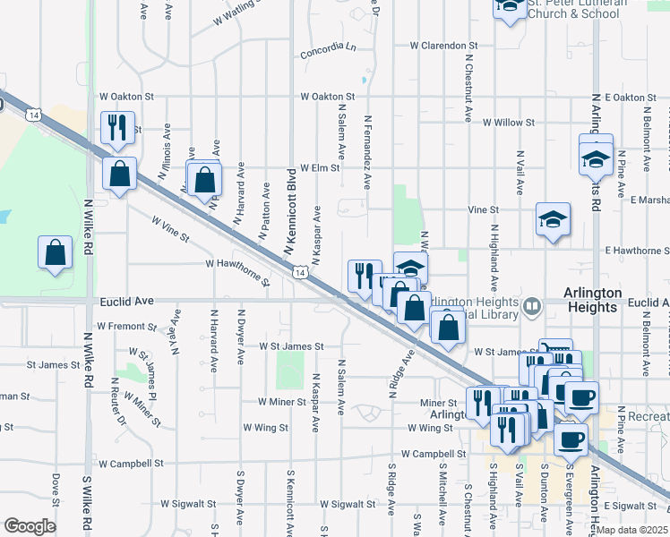 map of restaurants, bars, coffee shops, grocery stores, and more near 630 North Salem Avenue in Arlington Heights