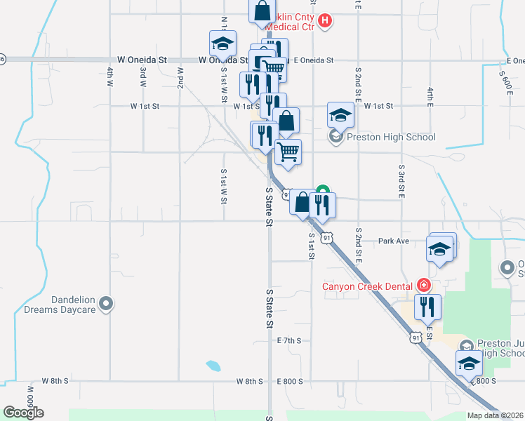 map of restaurants, bars, coffee shops, grocery stores, and more near 326 South State Street in Preston