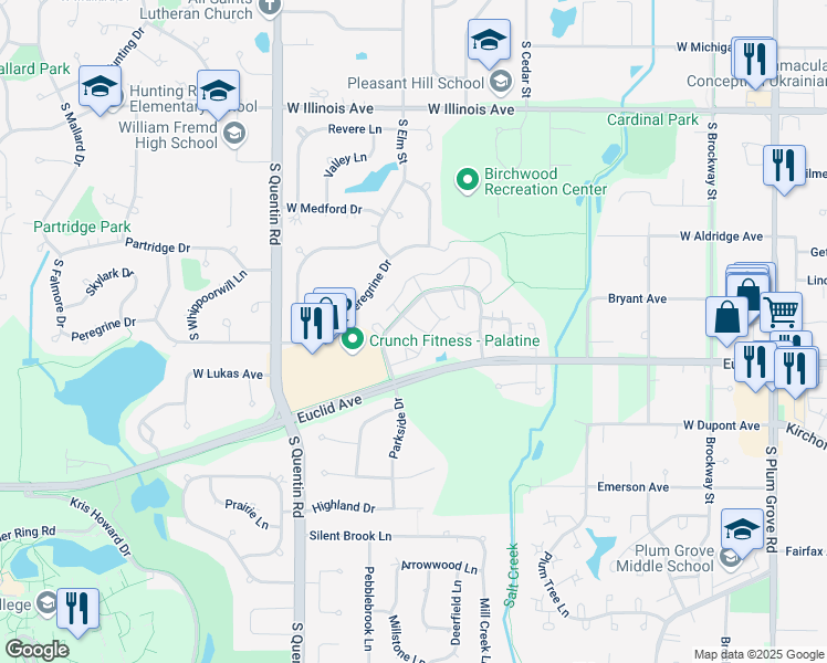 map of restaurants, bars, coffee shops, grocery stores, and more near 1212 South Parkside Drive in Palatine