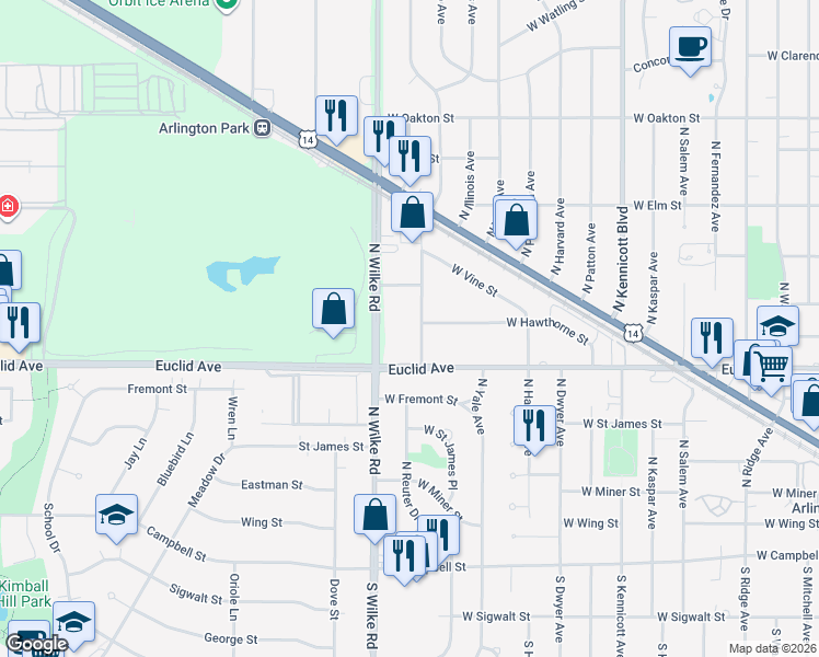 map of restaurants, bars, coffee shops, grocery stores, and more near 630 North Chicago Avenue in Arlington Heights