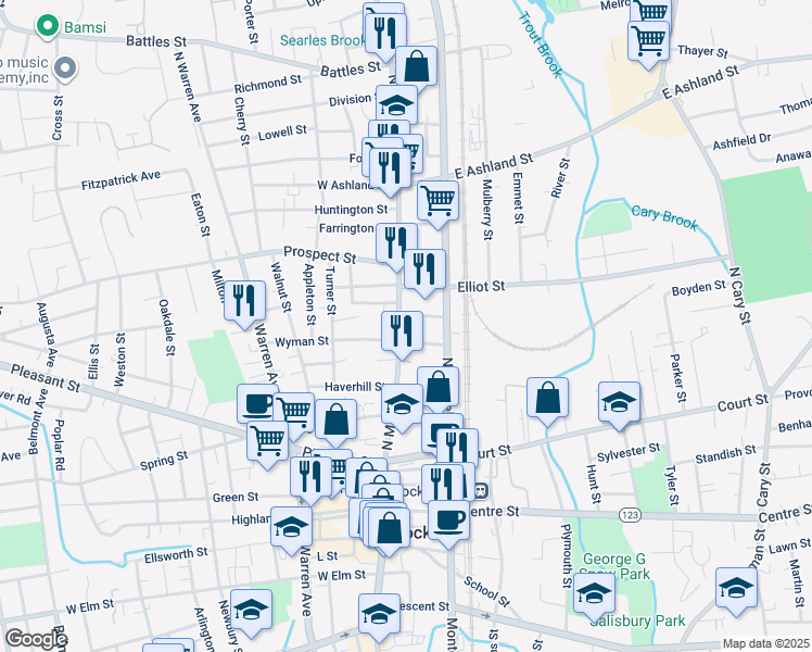 map of restaurants, bars, coffee shops, grocery stores, and more near in Brockton