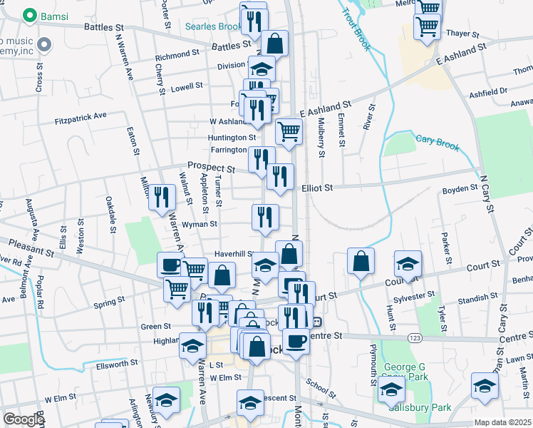 map of restaurants, bars, coffee shops, grocery stores, and more near in Brockton