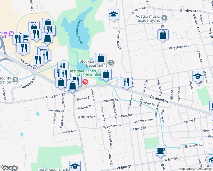 map of restaurants, bars, coffee shops, grocery stores, and more near 531 Pleasant Street in Brockton