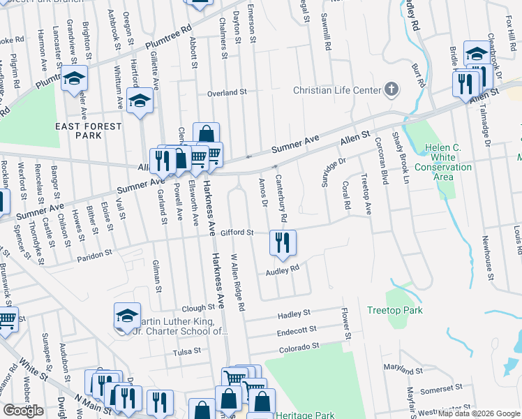 map of restaurants, bars, coffee shops, grocery stores, and more near 56 Amos Drive in Springfield