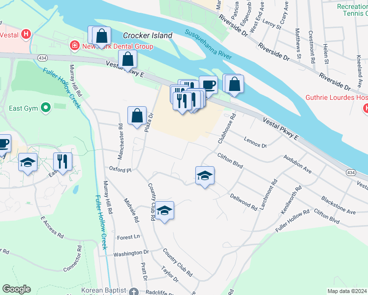 map of restaurants, bars, coffee shops, grocery stores, and more near 451 Plaza Drive in Vestal