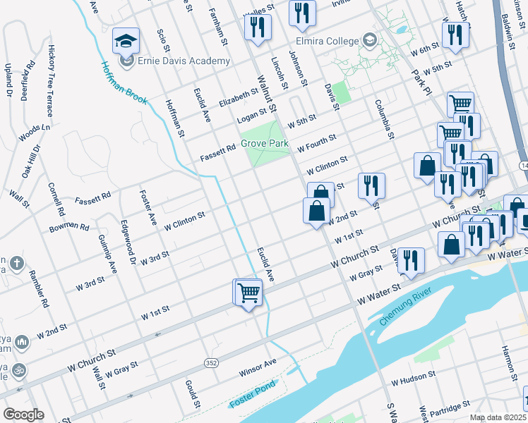 map of restaurants, bars, coffee shops, grocery stores, and more near 605 West Clinton Street in Elmira