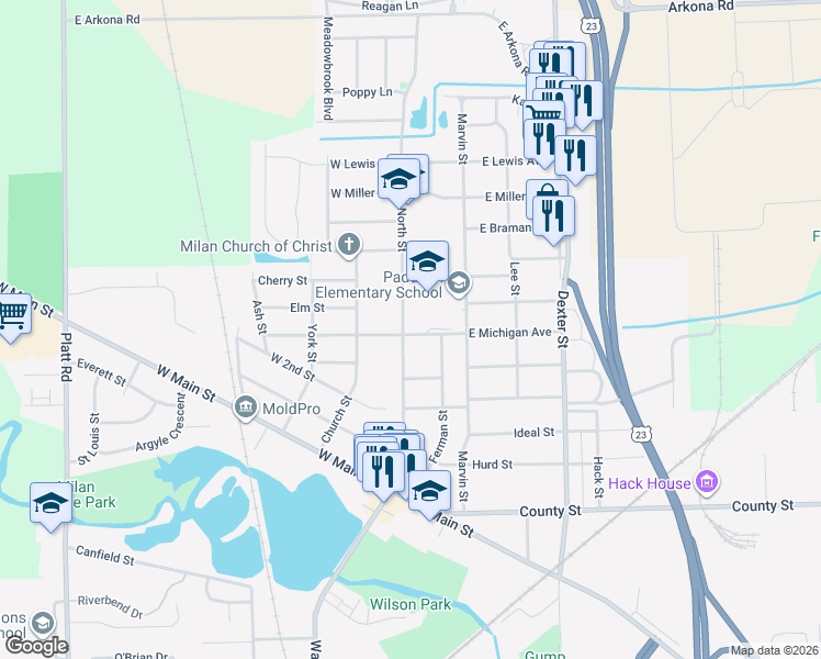 map of restaurants, bars, coffee shops, grocery stores, and more near 707 Marvin Street in Milan