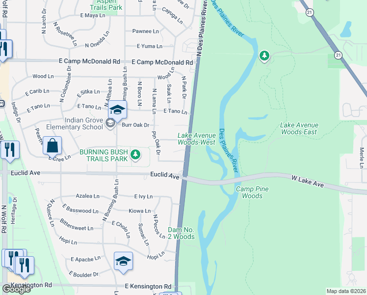map of restaurants, bars, coffee shops, grocery stores, and more near 2016 Pin Oak Drive in Mount Prospect