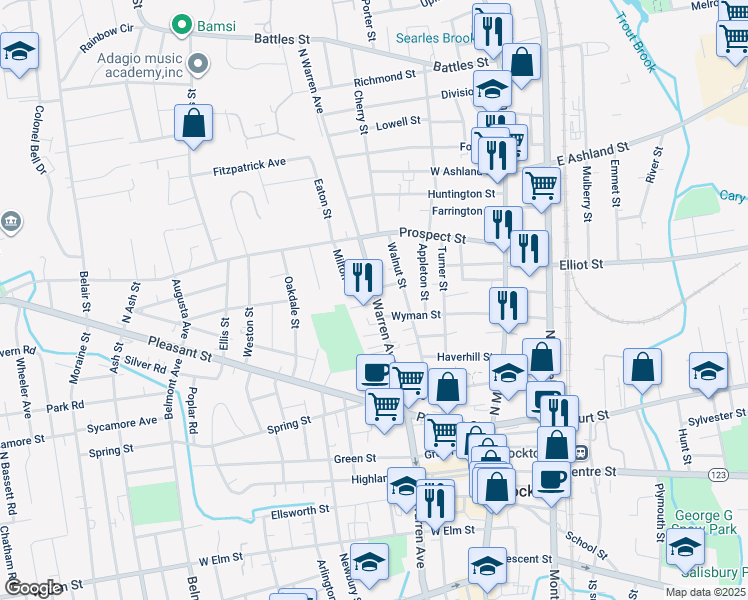 map of restaurants, bars, coffee shops, grocery stores, and more near 182 North Warren Avenue in Brockton