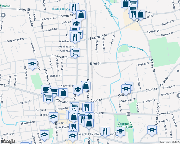 map of restaurants, bars, coffee shops, grocery stores, and more near 203 North Montello Street in Brockton
