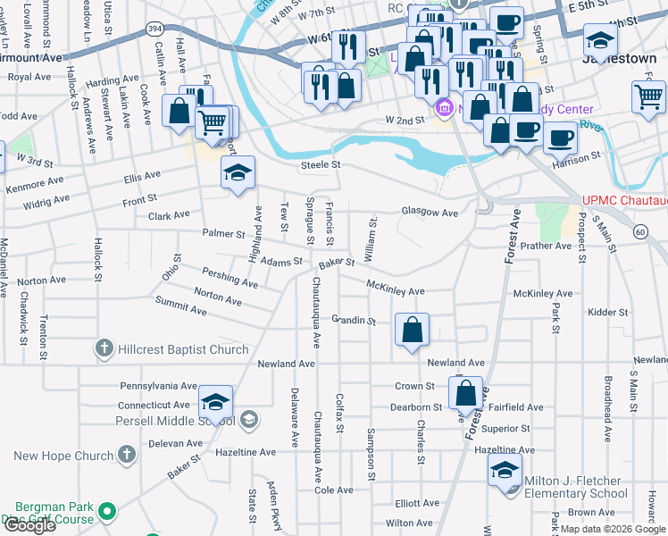 map of restaurants, bars, coffee shops, grocery stores, and more near 161 Baker Street in Jamestown