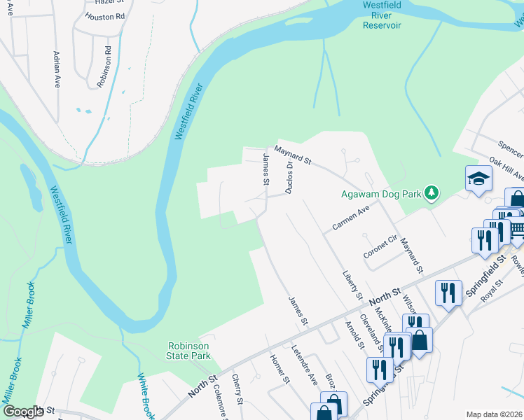 map of restaurants, bars, coffee shops, grocery stores, and more near 153-207 James St in Agawam