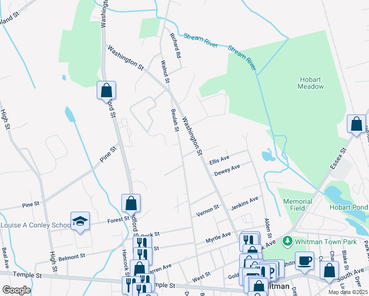 map of restaurants, bars, coffee shops, grocery stores, and more near 462 Beulah Street in Whitman