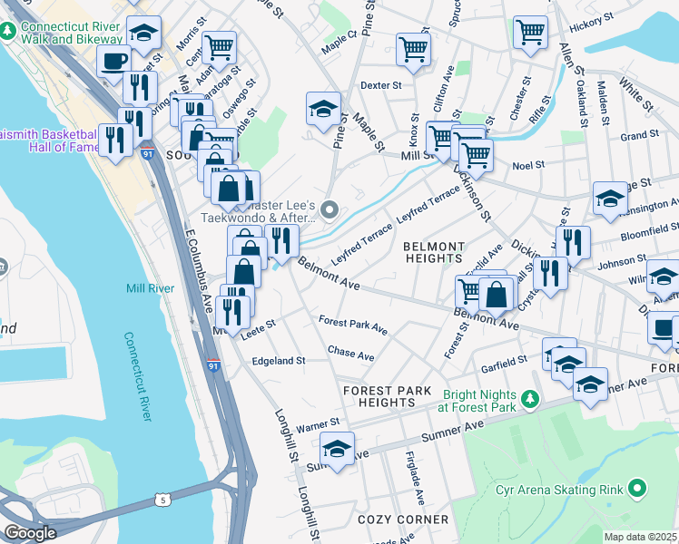 map of restaurants, bars, coffee shops, grocery stores, and more near 77 Belmont Avenue in Springfield