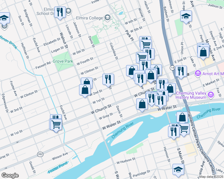 map of restaurants, bars, coffee shops, grocery stores, and more near 360 Davis Street in Elmira