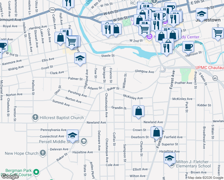 map of restaurants, bars, coffee shops, grocery stores, and more near 25 Palmer Street in Jamestown