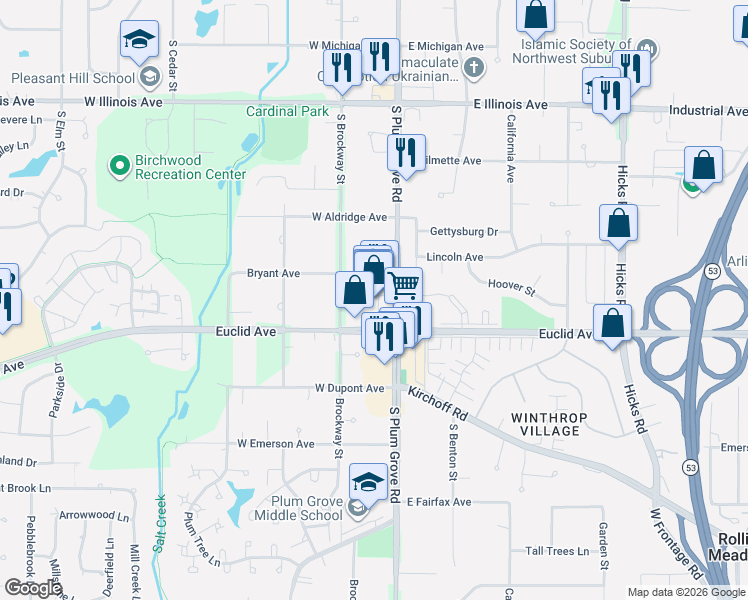 map of restaurants, bars, coffee shops, grocery stores, and more near 1921 South Plum Grove Road in Palatine
