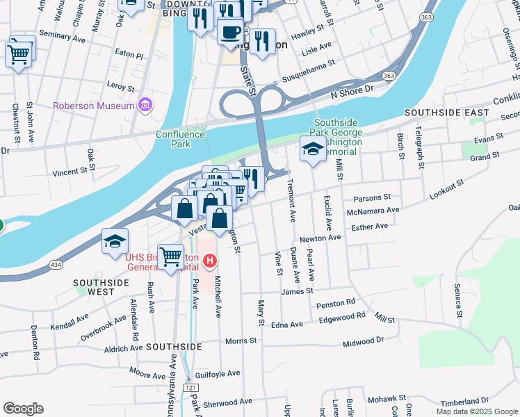 map of restaurants, bars, coffee shops, grocery stores, and more near 1222 Vestal Avenue in Binghamton