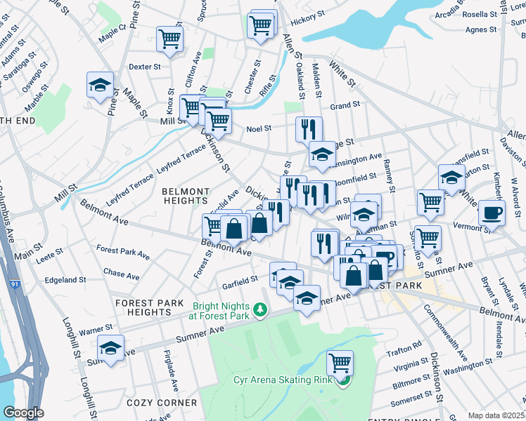 map of restaurants, bars, coffee shops, grocery stores, and more near 92 Hall Street in Springfield
