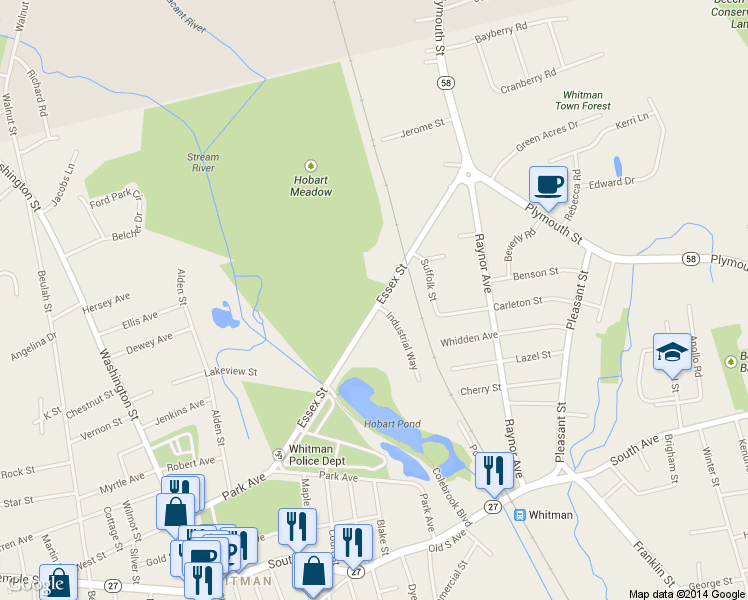 map of restaurants, bars, coffee shops, grocery stores, and more near 106 Essex Street in Whitman