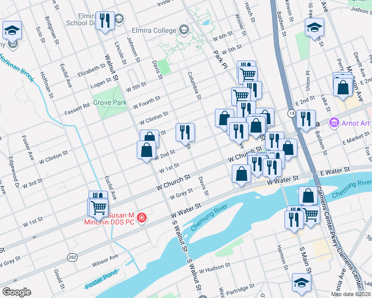 map of restaurants, bars, coffee shops, grocery stores, and more near 365 Davis St in Elmira